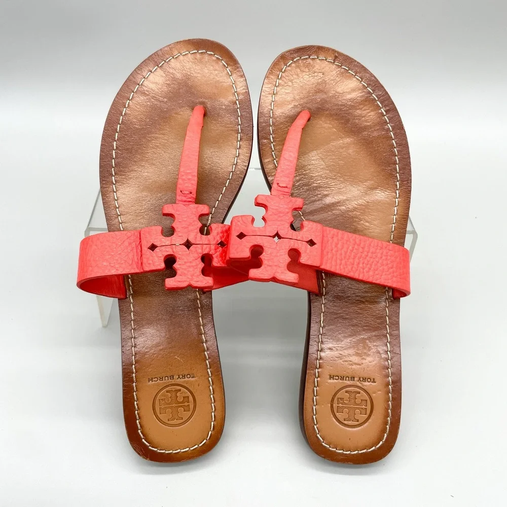 Tory Burch Moore Sandals Womens 10M Poppy Red Leather Logo Thong Flats Preppy